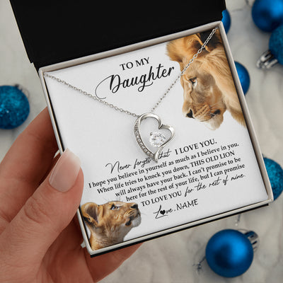 Forever Love Necklace 14K White Gold Finish | 2 | Personalized To My Daughter Necklace from Dad Father Never Forget I Love You Lion Jewelry Daughter Birthday Graduation Christmas Customized Message Card | siriusteestore