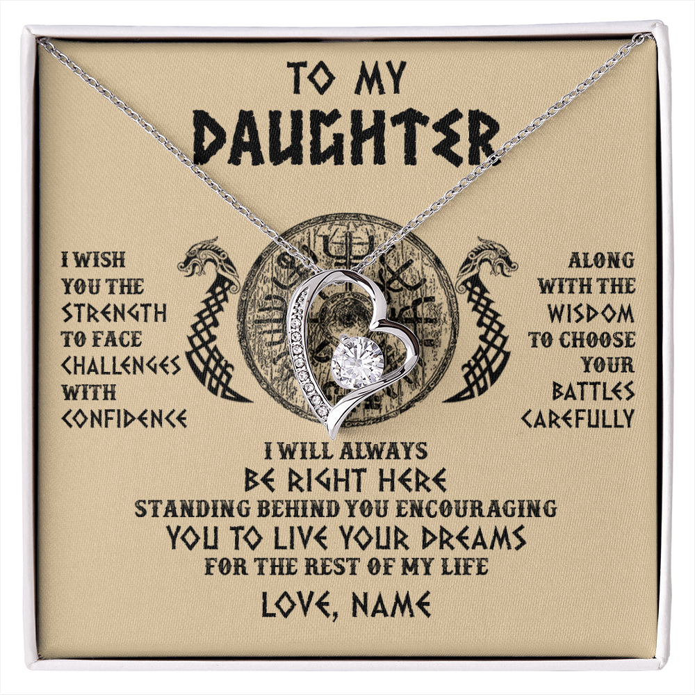 Forever Love Necklace 14K White Gold Finish | 1 | Personalized To My Daughter Viking Necklace I Wish You The Strength Scandinavian Norse Runes Viking Women Birthday Christmas Customized Gift Box Message Card | siriusteestore