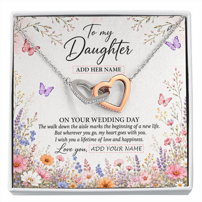 Interlocking Hearts Necklace Stainless Steel & Rose Gold Finish | 1 | Personalized To My Daughter on Wedding Day Necklace From Mom Bridal Shower Gift for Bride from Mom Custom Name for Daughter Wedding Gift Box Message Card | https://siriusteestore.
