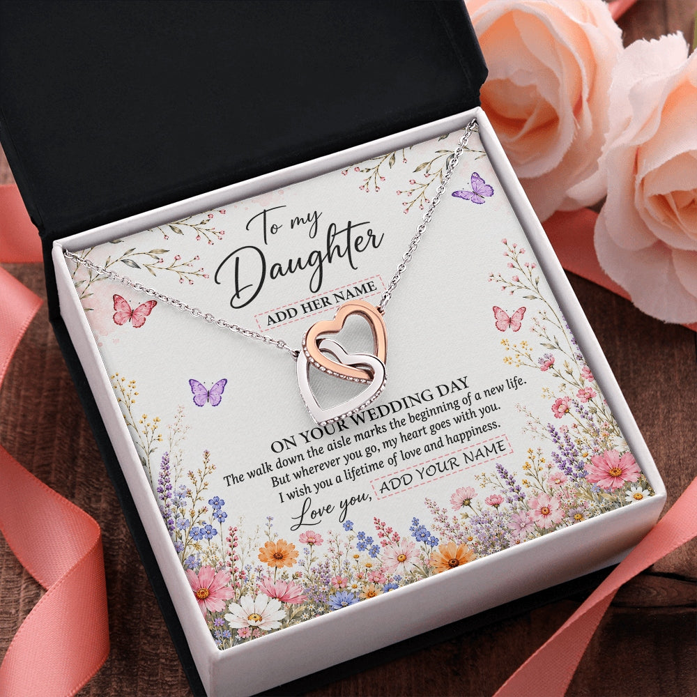 Interlocking Hearts Necklace Stainless Steel & Rose Gold Finish | 2 | Personalized To My Daughter on Wedding Day Necklace From Mom Bridal Shower Gift for Bride from Mom Custom Name for Daughter Wedding Gift Box Message Card | https://siriusteestore.