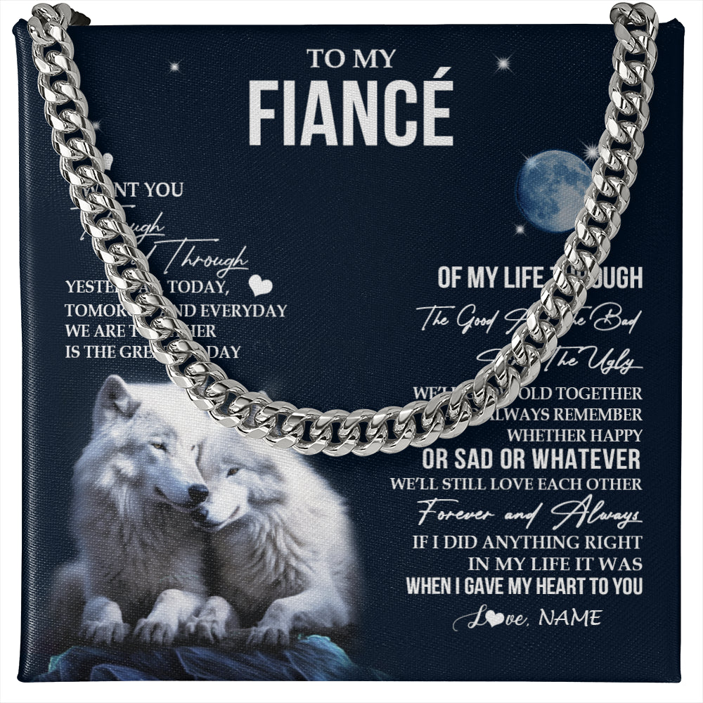 Cuban Link Chain Necklace Stainless Steel | 1 | Personalized To My Fiancé Necklace From Fiancée I Want You Wolf Fiancé Birthday For Him Anniversary Valentines Day Christmas Customized Gift Box Message Card | siriusteestore