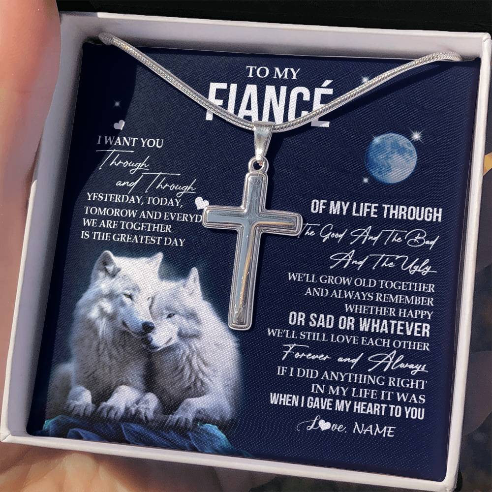 Stainless Cross Necklace Stainless Steel | 2 | Personalized To My Fiancé Necklace From Fiancée I Want You Wolf Fiancé Birthday For Him Anniversary Valentines Day Christmas Customized Gift Box Message Card | siriusteestore