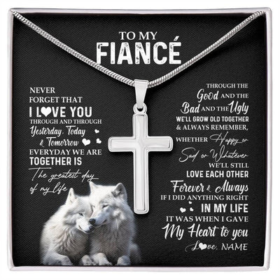 Stainless Cross Necklace Stainless Steel | 1 | Personalized To My Fiancé Necklace From Fiancée Wolf Never Forget That I Love You Fiancé Birthday Valentine Day Christmas Customized Gift Box Message Card | siriusteestore