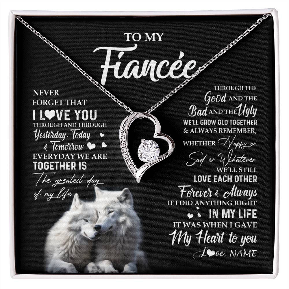 Forever Love Necklace 14K White Gold Finish | 1 | Personalized To My Fiancée Necklace From Fiancé Wolf Never Forget That I Love You Fiancée Birthday Valentine Day Christmas Customized Gift Box Message Card | siriusteestore