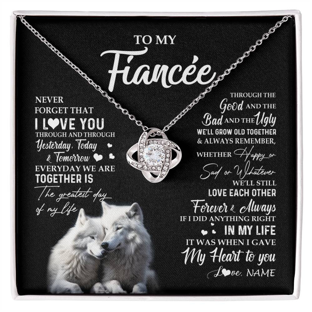 Love Knot Necklace 14K White Gold Finish | 1 | Personalized To My Fiancée Necklace From Fiancé Wolf Never Forget That I Love You Fiancée Birthday Valentine Day Christmas Customized Gift Box Message Card | siriusteestore