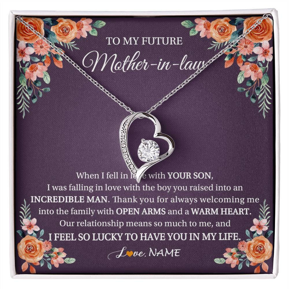 Forever Love Necklace 14K White Gold Finish | 1 | Personalized To My Future Mother In Law Necklace Thank You Mother Of The Groom Boyfriend's Mom Wedding Day Birthday Christmas Jewelry Gift Box Message Card | siriusteestore