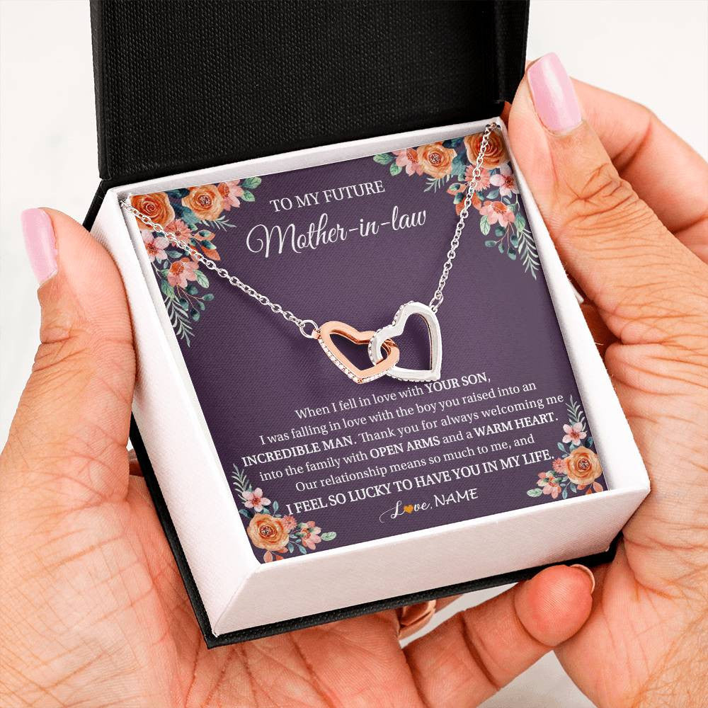 Interlocking Hearts Necklace Stainless Steel & Rose Gold Finish | 2 | Personalized To My Future Mother In Law Necklace Thank You Mother Of The Groom Boyfriend's Mom Wedding Day Birthday Christmas Jewelry Gift Box Message Card | siriusteestore
