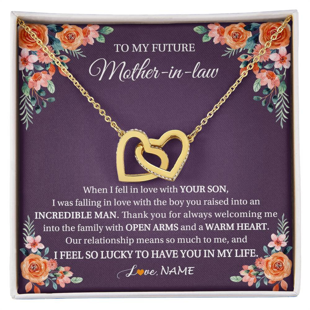 Interlocking Hearts Necklace 18K Yellow Gold Finish | 1 | Personalized To My Future Mother In Law Necklace Thank You Mother Of The Groom Boyfriend's Mom Wedding Day Birthday Christmas Jewelry Gift Box Message Card | siriusteestore