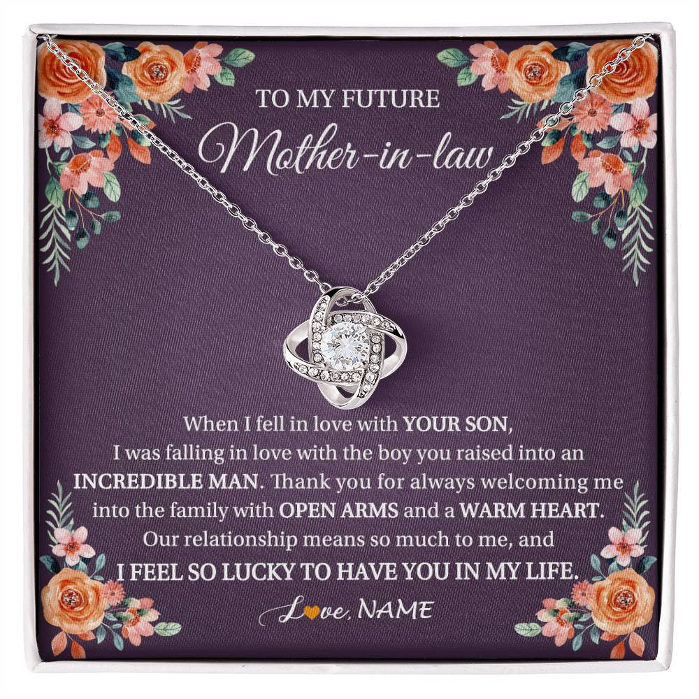 Love Knot Necklace 14K White Gold Finish | 1 | Personalized To My Future Mother In Law Necklace Thank You Mother Of The Groom Boyfriend's Mom Wedding Day Birthday Christmas Jewelry Gift Box Message Card | siriusteestore