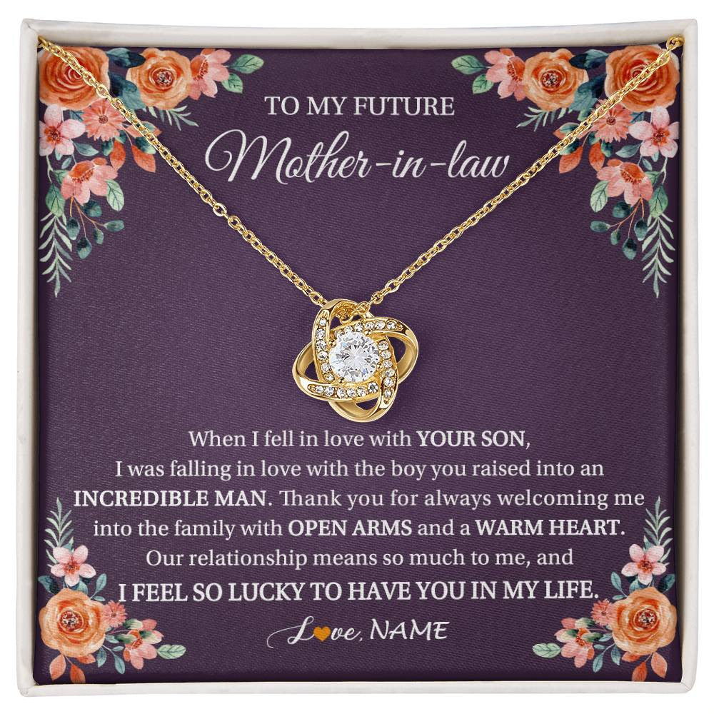 Love Knot Necklace 18K Yellow Gold Finish | 1 | Personalized To My Future Mother In Law Necklace Thank You Mother Of The Groom Boyfriend's Mom Wedding Day Birthday Christmas Jewelry Gift Box Message Card | siriusteestore