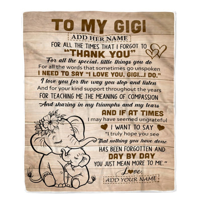 Personalized To My Gigi Gift Blanket From Granddaughter Grandson Elephant Thank You Best Gigi Birthday Gifts Mothers Day Christmas Custom Name Fleece Blanket | siriusteestore