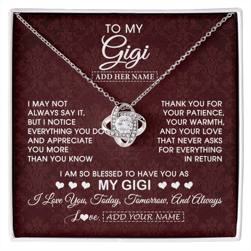 Love Knot Necklace 14K White Gold Finish | 1 | Personalized To My Gigi Gifts From Granddaughter Necklace Meaningful Jewelry Pendant Gifts For Gigi Mothers Day Birthday Christmas Custom Gift Box Message Card | https://siriusteestore.