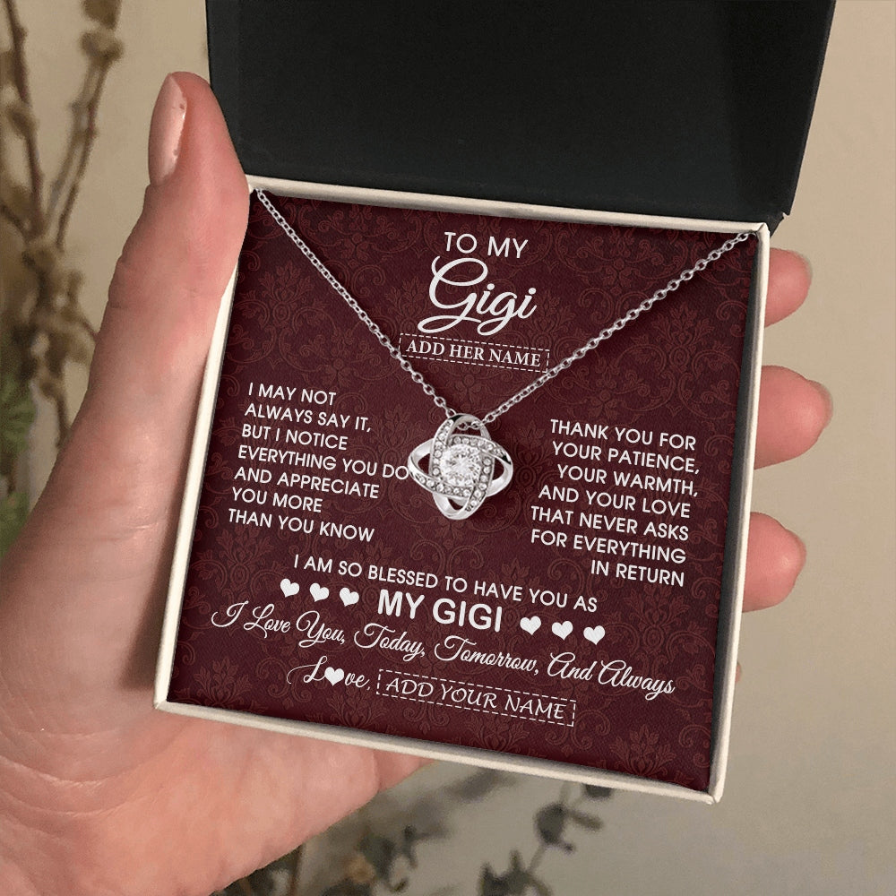 Love Knot Necklace 14K White Gold Finish | 2 | Personalized To My Gigi Gifts From Granddaughter Necklace Meaningful Jewelry Pendant Gifts For Gigi Mothers Day Birthday Christmas Custom Gift Box Message Card | https://siriusteestore.