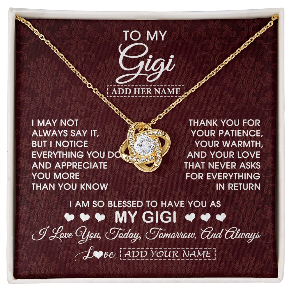 Love Knot Necklace 18K Yellow Gold Finish | 1 | Personalized To My Gigi Gifts From Granddaughter Necklace Meaningful Jewelry Pendant Gifts For Gigi Mothers Day Birthday Christmas Custom Gift Box Message Card | https://siriusteestore.