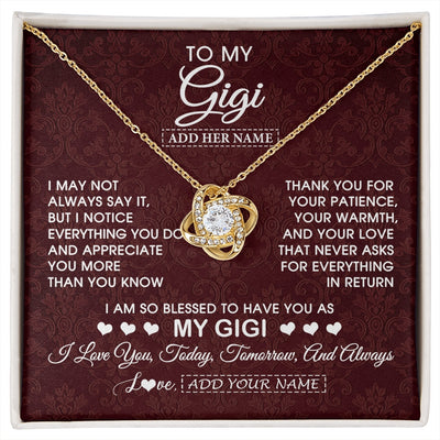 Love Knot Necklace 18K Yellow Gold Finish | 1 | Personalized To My Gigi Gifts From Granddaughter Necklace Meaningful Jewelry Pendant Gifts For Gigi Mothers Day Birthday Christmas Custom Gift Box Message Card | https://siriusteestore.