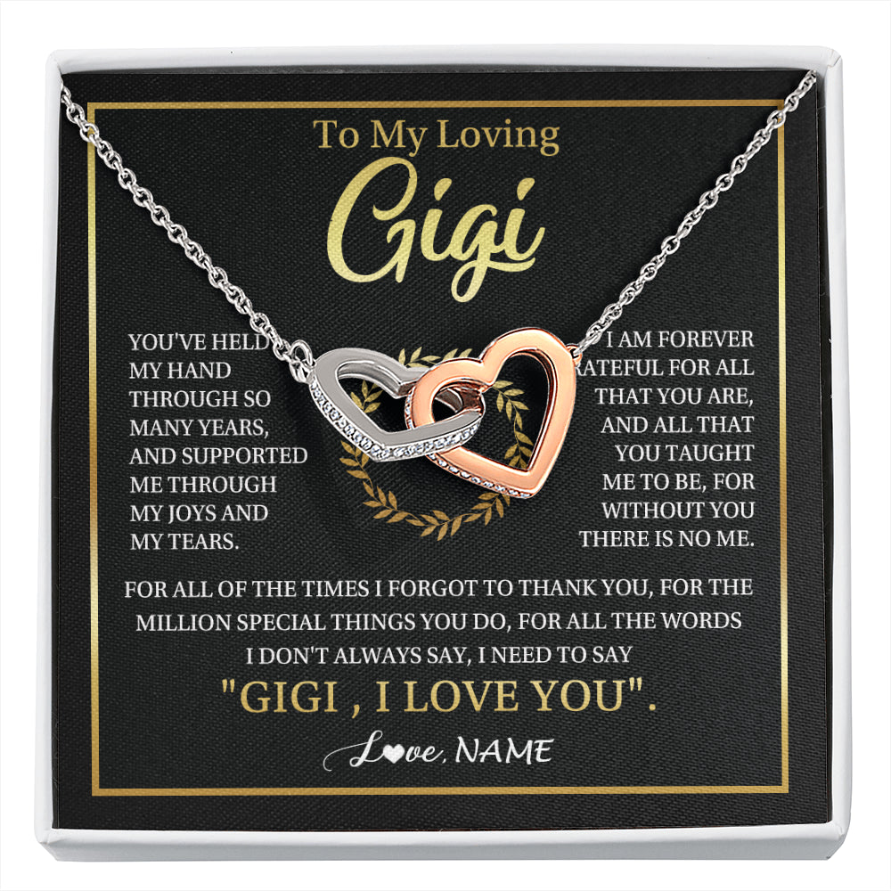 Interlocking Hearts Necklace Stainless Steel & Rose Gold Finish | 1 | Personalized To My Gigi Gifts Necklace From Granddaughter GrandsonGrateful Thank You Gigi Birthday Mothers Day Christmas Customized Gift Box Message Card | siriusteestore