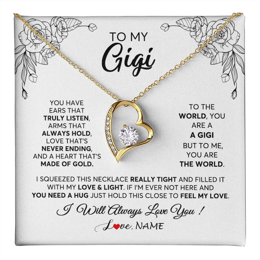 Forever Love Necklace 18K Yellow Gold Finish | 1 | Personalized To My Gigi Necklace From Grandkids Granddaughter Hold This Close Feel My Love Gigi Birthday Mothers Day Christmas Customized Gift Box Message Card | siriusteestore