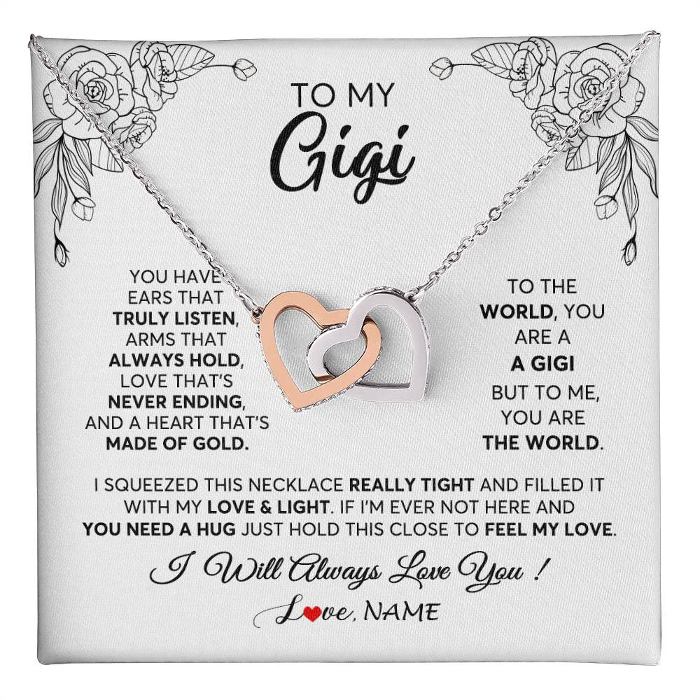 Interlocking Hearts Necklace Stainless Steel & Rose Gold Finish | 1 | Personalized To My Gigi Necklace From Grandkids Granddaughter Hold This Close Feel My Love Gigi Birthday Mothers Day Christmas Customized Gift Box Message Card | siriusteestore