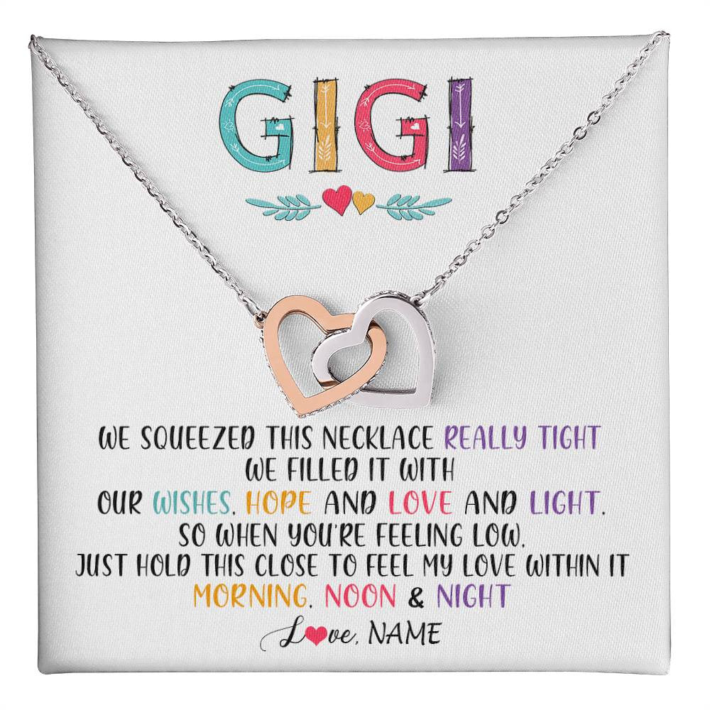 Interlocking Hearts Necklace Stainless Steel & Rose Gold Finish | 1 | Personalized To My Gigi Necklace From Grandkids Granddaughter We Squeezed This Necklace Gigi Birthday Mothers Day Christmas Customized Gift Box Message Card | siriusteestore
