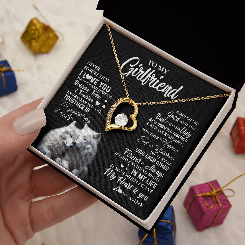Forever Love Necklace 18K Yellow Gold Finish | 2 | Personalized To My Girlfriend Necklace From Boyfriend Wolf Never Forget That I Love You Girlfriend Birthday Christmas Customized Gift Box Message Card | siriusteestore