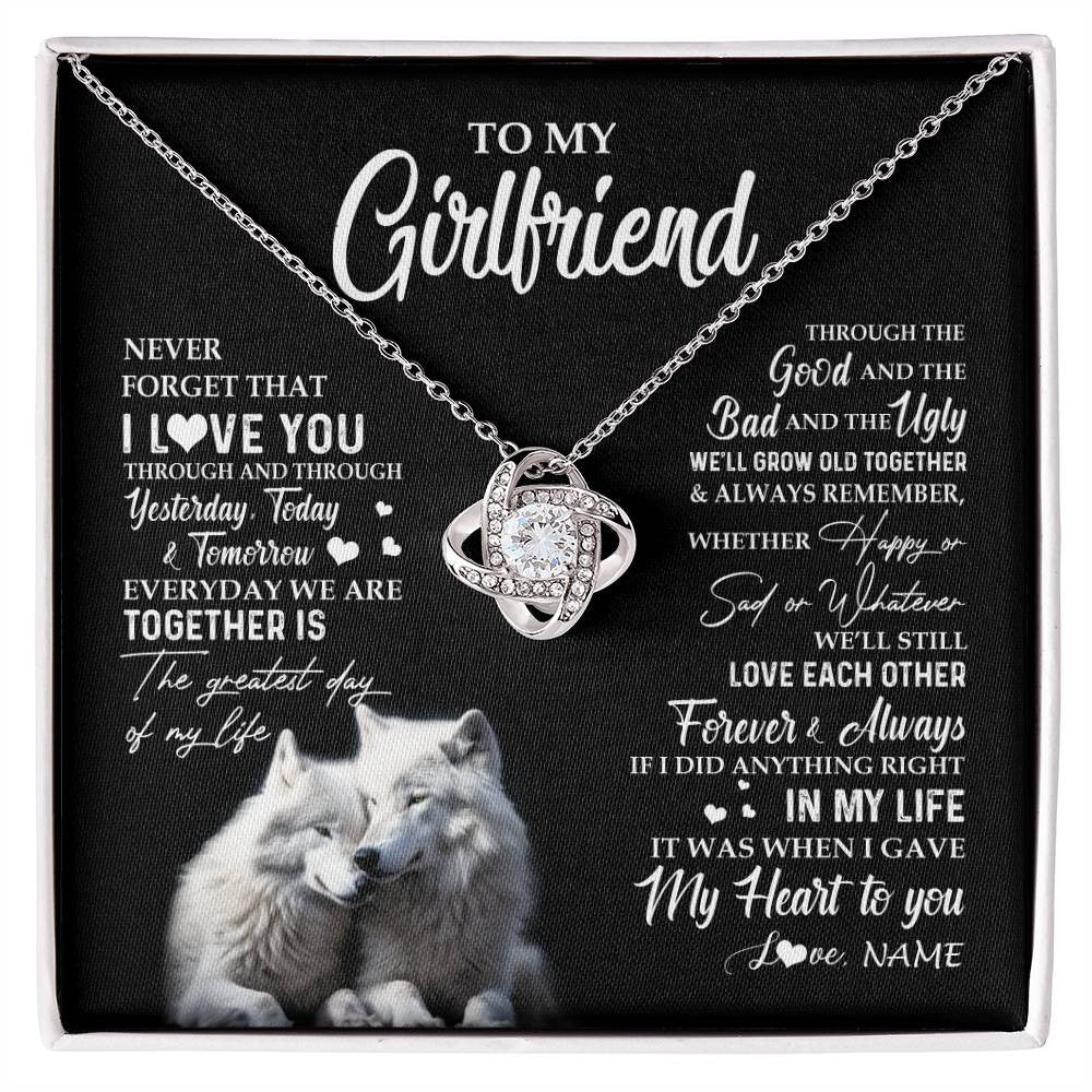 Love Knot Necklace 14K White Gold Finish | 1 | Personalized To My Girlfriend Necklace From Boyfriend Wolf Never Forget That I Love You Girlfriend Birthday Christmas Customized Gift Box Message Card | siriusteestore