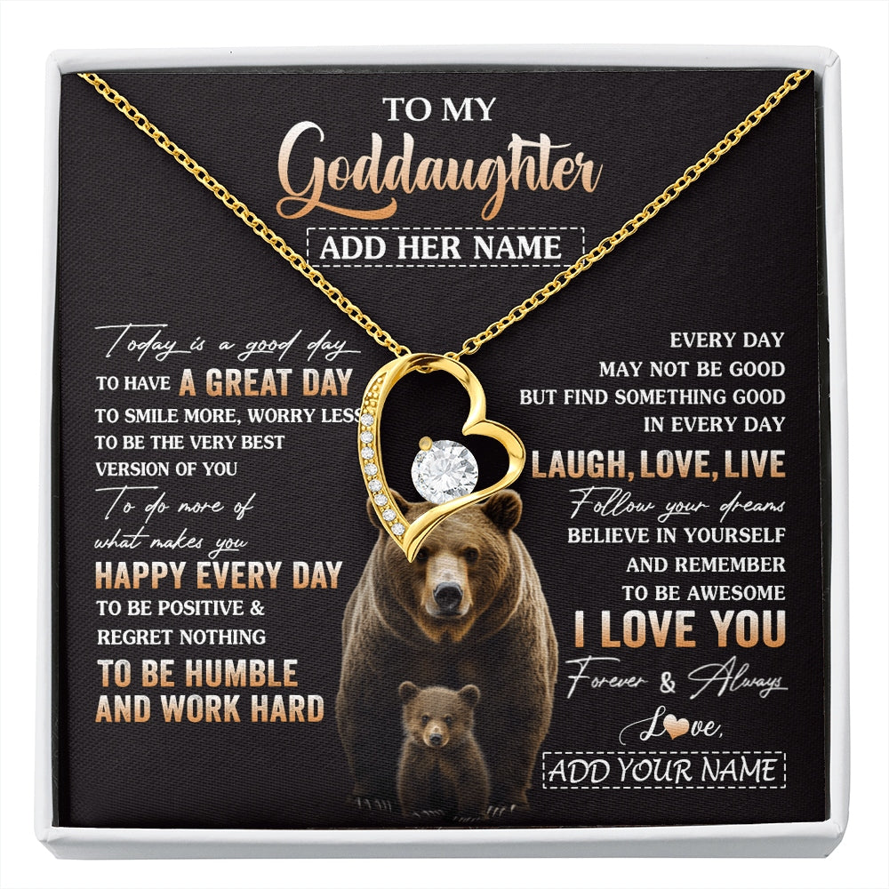 Forever Love Necklace 18K Yellow Gold Finish | 1 | Personalized To My Goddaughter Bear Necklace From Godmother Uncle Every Day Laugh Love Live Goddaughter Birthday Gifts Christmas Custom Gift Box Message Card | https://siriusteestore.