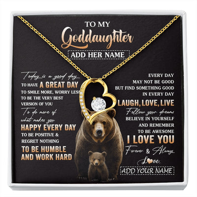 Forever Love Necklace 18K Yellow Gold Finish | 1 | Personalized To My Goddaughter Bear Necklace From Godmother Uncle Every Day Laugh Love Live Goddaughter Birthday Gifts Christmas Custom Gift Box Message Card | https://siriusteestore.