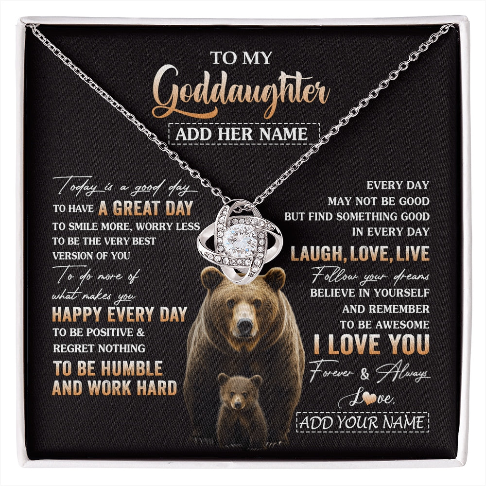 Love Knot Necklace 14K White Gold Finish | 1 | Personalized To My Goddaughter Bear Necklace From Godmother Uncle Every Day Laugh Love Live Goddaughter Birthday Gifts Christmas Custom Gift Box Message Card | https://siriusteestore.