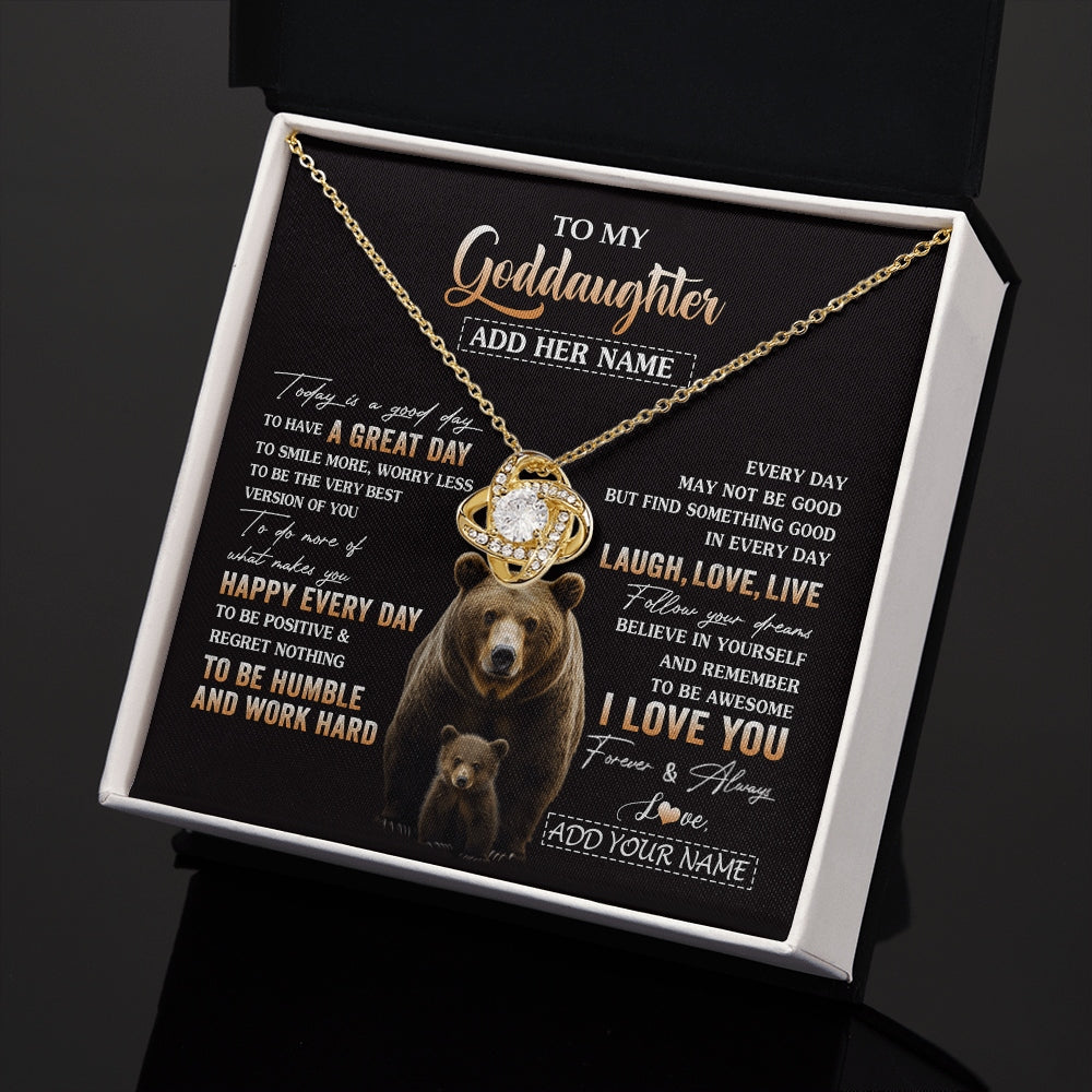 Love Knot Necklace 18K Yellow Gold Finish | 2 | Personalized To My Goddaughter Bear Necklace From Godmother Uncle Every Day Laugh Love Live Goddaughter Birthday Gifts Christmas Custom Gift Box Message Card | https://siriusteestore.