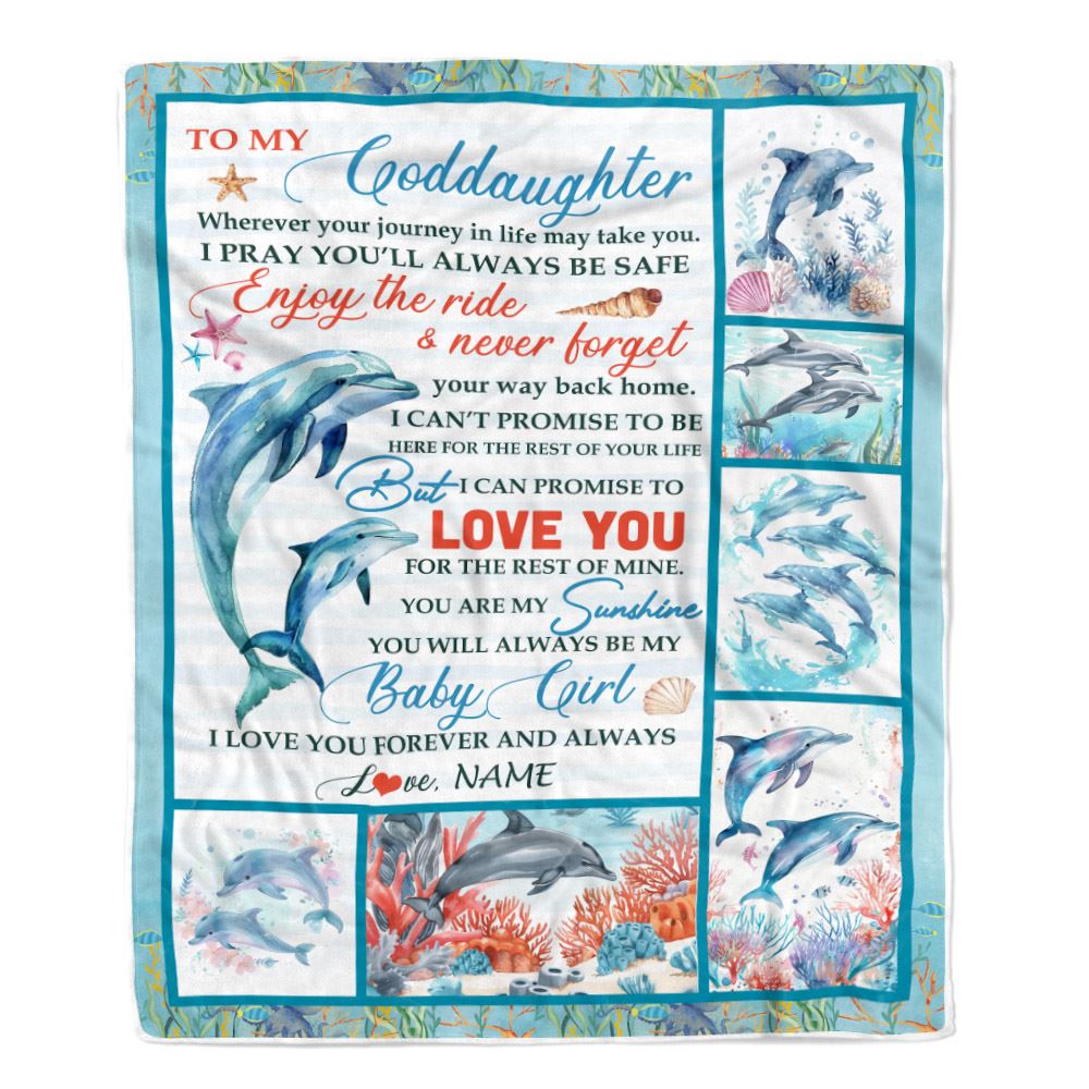 Personalized To My Goddaughter Blanket Dolphin From Godmother My Sunshine Baby Girl Goddaughter Birthday Christmas Gift Customized Bed Fleece Throw Blanket | siriusteestore