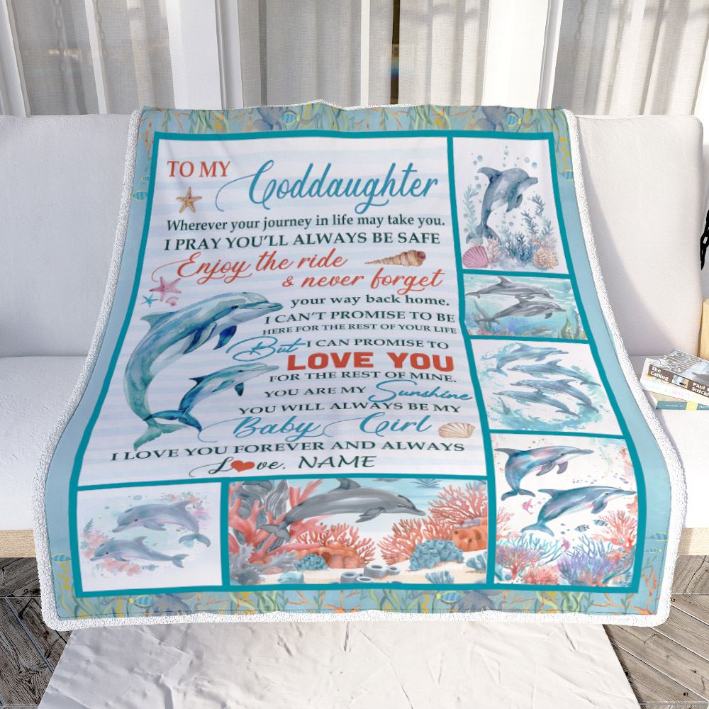 Personalized To My Goddaughter Blanket Dolphin From Godmother My Sunshine Baby Girl Goddaughter Birthday Christmas Gift Customized Bed Fleece Throw Blanket | siriusteestore