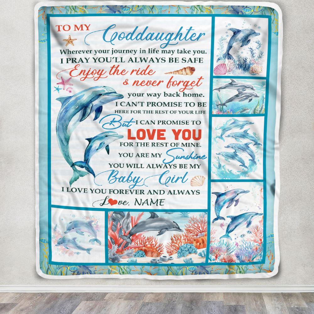 Personalized To My Goddaughter Blanket Dolphin From Godmother My Sunshine Baby Girl Goddaughter Birthday Christmas Gift Customized Bed Fleece Throw Blanket | siriusteestore