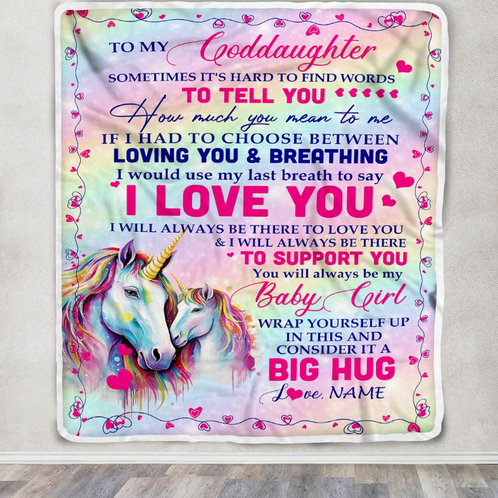 Personalized To My Goddaughter Blanket From Aunt Sometimes It's Hard To Find Words To Say I Love You Unicorn Goddaughter Birthday Christmas Fleece Blanket | siriusteestore
