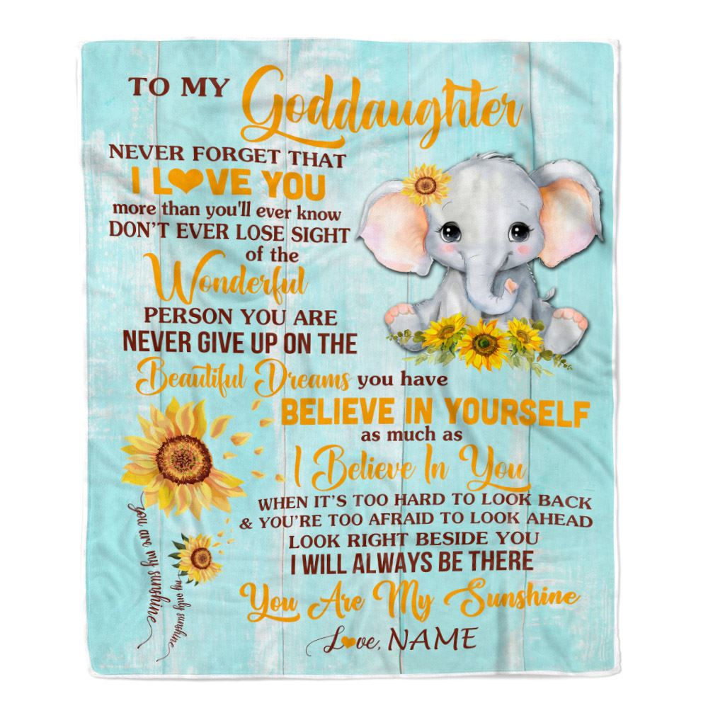 Personalized To My Goddaughter Blanket From Aunt Titi Elephant Sunflower Never Forget I Love You Goddaughter Birthday Christmas Customized Fleece Blanket | siriusteestore