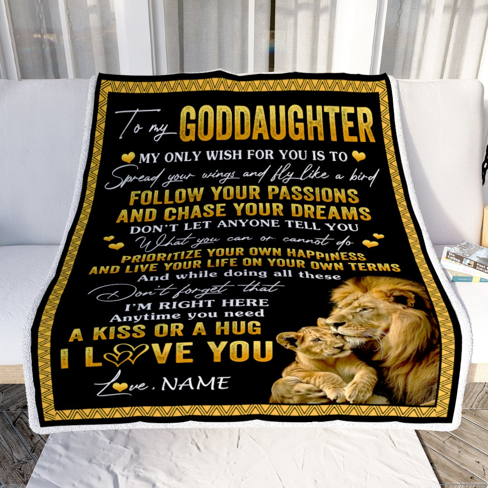 Personalized To My Goddaughter Blanket From Godfather Lion My Only Wish For You Goddaughter Birthday Christmas Customized Bed Fleece Throw Blanket | siriusteestore
