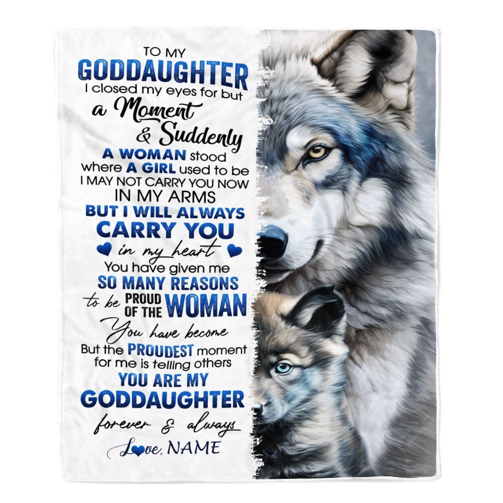 Personalized To My Goddaughter Blanket From Godmother Aunt I Close My Eyes For But A Moment Wolf Goddaughter Birthday Christmas Customized Gift Fleece Blanket | siriusteestore