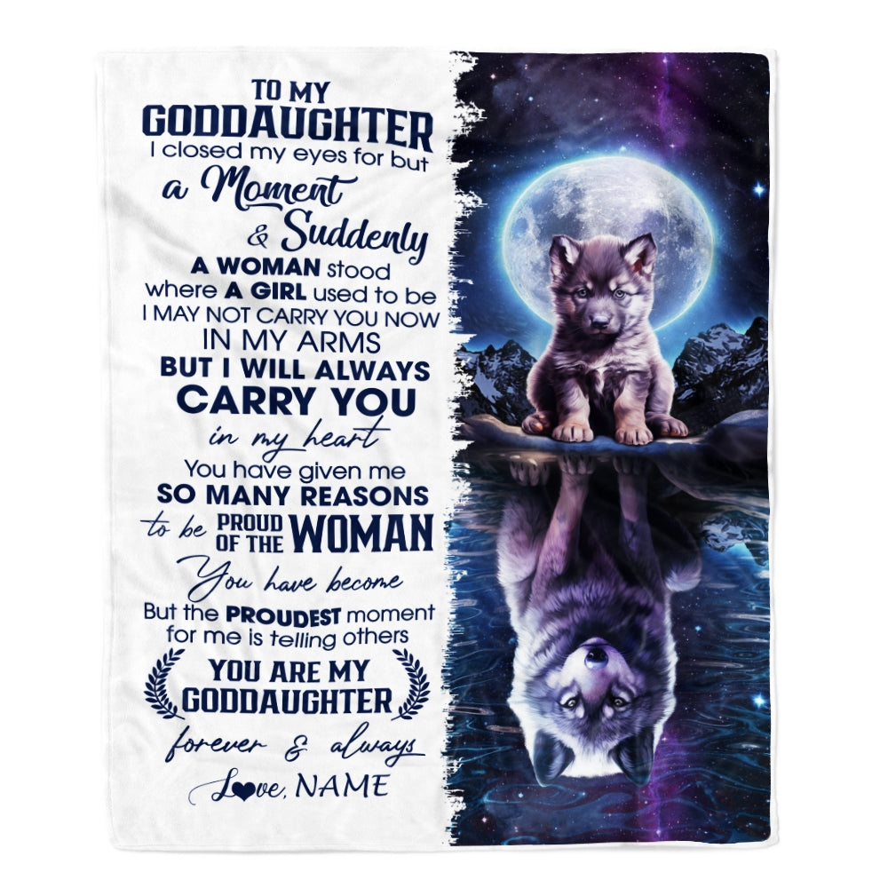 Personalized To My Goddaughter Blanket From Godmother Aunt I Close My Eyes Wolf Goddaughter Birthday Christmas Customized Gift Bed Fleece Throw Blanket | siriusteestore