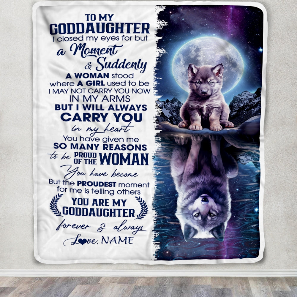 Personalized To My Goddaughter Blanket From Godmother Aunt I Close My Eyes Wolf Goddaughter Birthday Christmas Customized Gift Bed Fleece Throw Blanket | siriusteestore