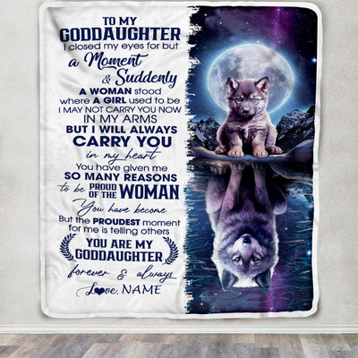 Personalized To My Goddaughter Blanket From Godmother Aunt I Close My Eyes Wolf Goddaughter Birthday Christmas Customized Gift Bed Fleece Throw Blanket | siriusteestore