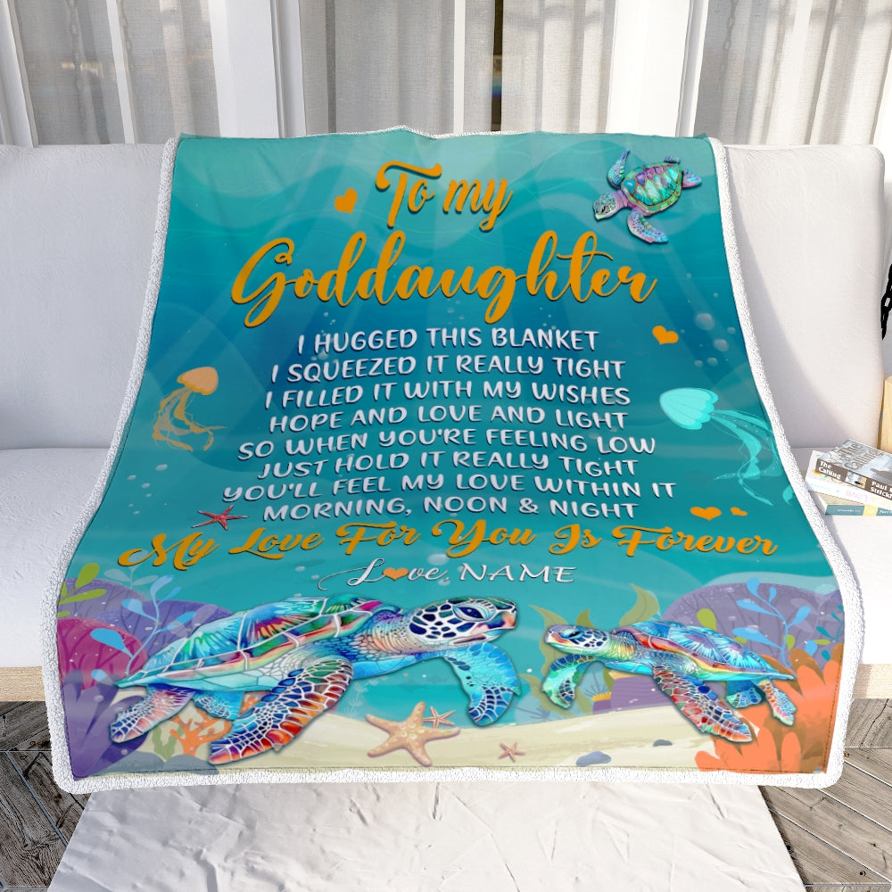 Personalized To My Goddaughter Blanket From Godmother Aunt I Hugged This Blanket Turtle Beach Goddaughter Birthday Christmas Customized Bed Fleece Blanket | siriusteestore