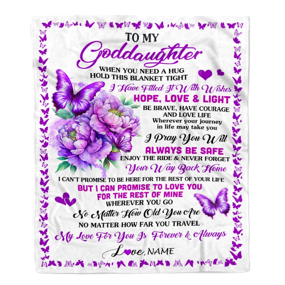 Personalized To My Goddaughter Blanket From Godmother Aunt When You Need A Hug Butterfly Godchild Birthday Graduation Christmas Customized Fleece Blanket | siriusteestore