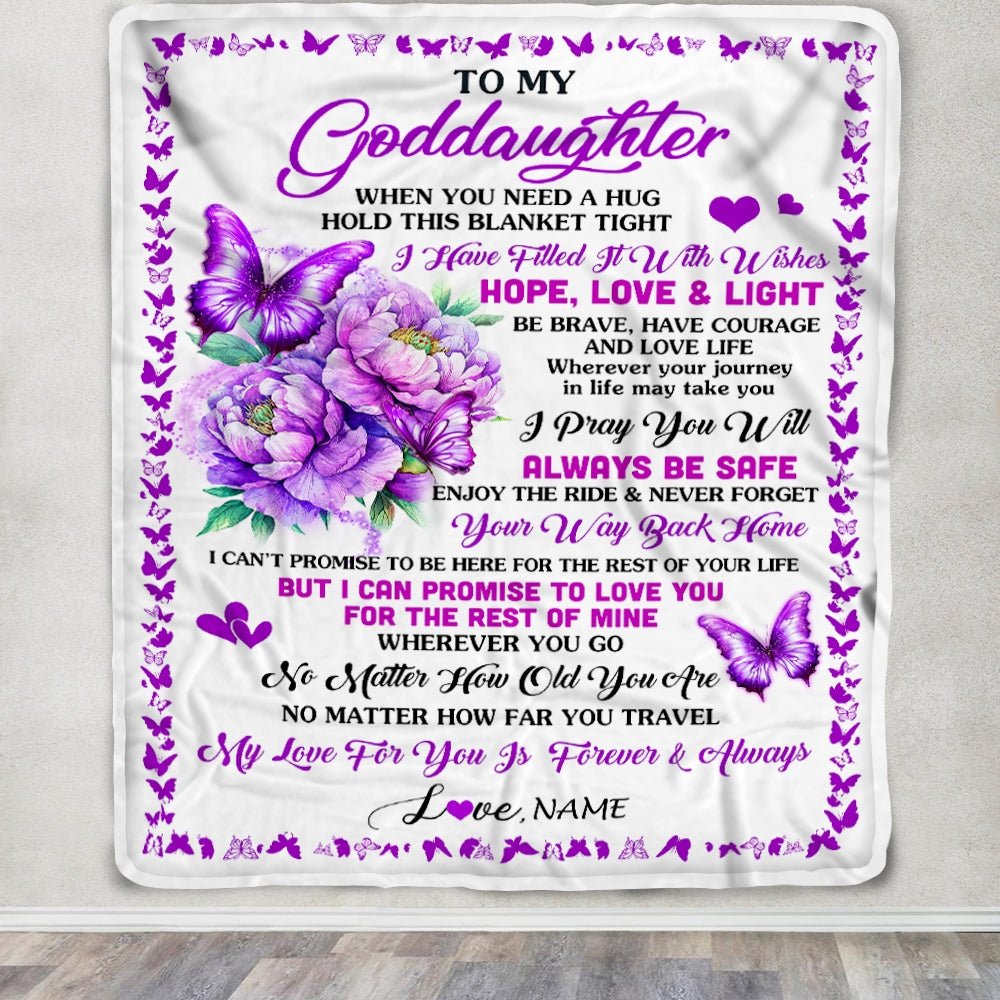 Personalized To My Goddaughter Blanket From Godmother Aunt When You Need A Hug Butterfly Godchild Birthday Graduation Christmas Customized Fleece Blanket | siriusteestore