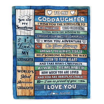 Personalized To My Goddaughter Blanket From Godmother Aunt Wood I Am So Proud Of You I Love You Godchild Birthday Christmas Customized Bed Fleece Blanket | siriusteestore