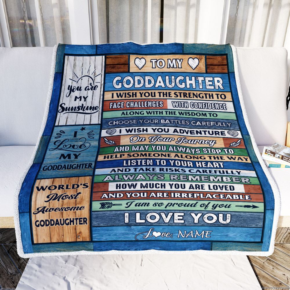 Personalized To My Goddaughter Blanket From Godmother Aunt Wood I Am So Proud Of You I Love You Godchild Birthday Christmas Customized Bed Fleece Blanket | siriusteestore
