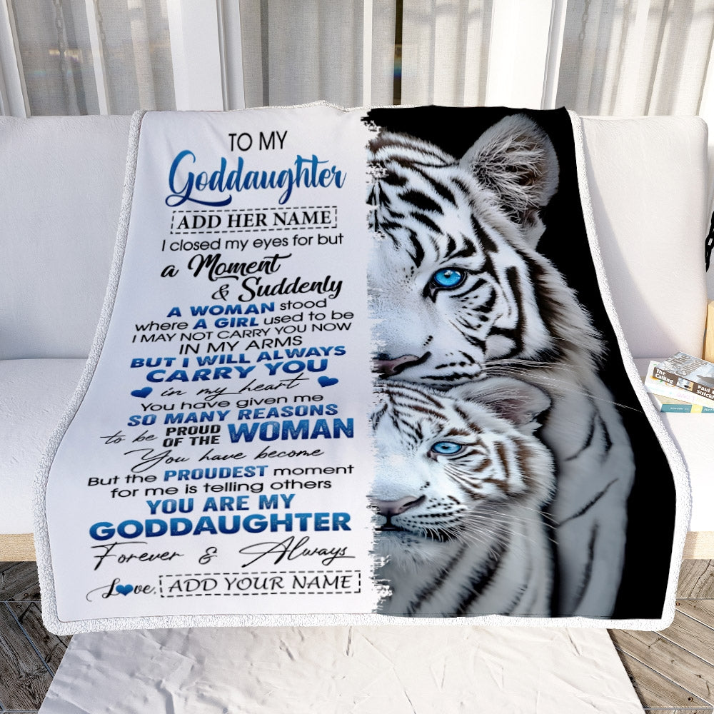 Personalized To My Goddaughter Blanket From Godmother Uncle I Close My Eyes White Tiger Goddaughter Birthday Gifts Graduation Christmas Fleece Throw Blanket | siriusteestore