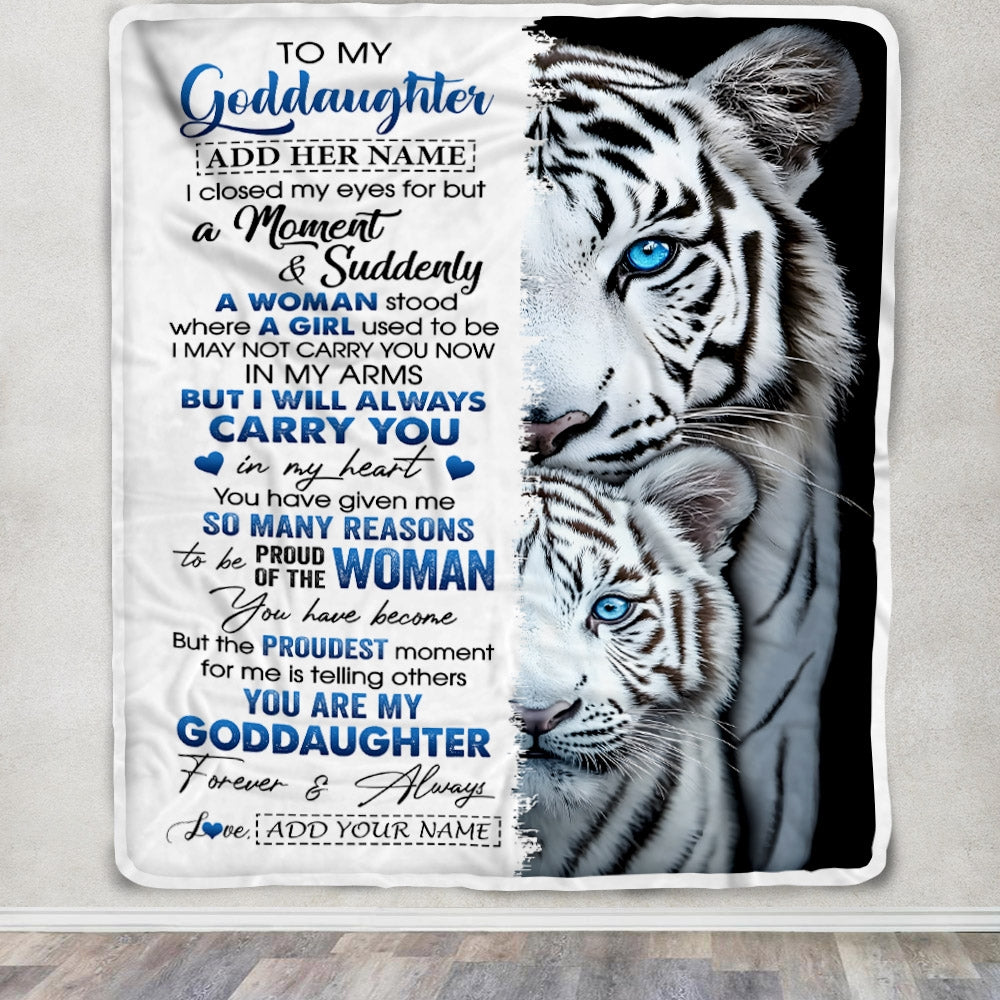 Personalized To My Goddaughter Blanket From Godmother Uncle I Close My Eyes White Tiger Goddaughter Birthday Gifts Graduation Christmas Fleece Throw Blanket | siriusteestore