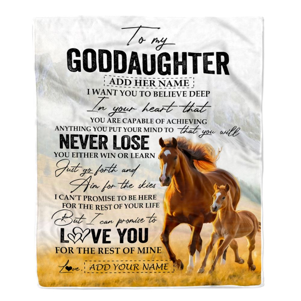 Personalized To My Goddaughter Blanket From Godmother Uncle You Will Never Lose Horse Goddaughter Birthday Gifts Christmas Customized Fleece Throw Blanket | siriusteestore