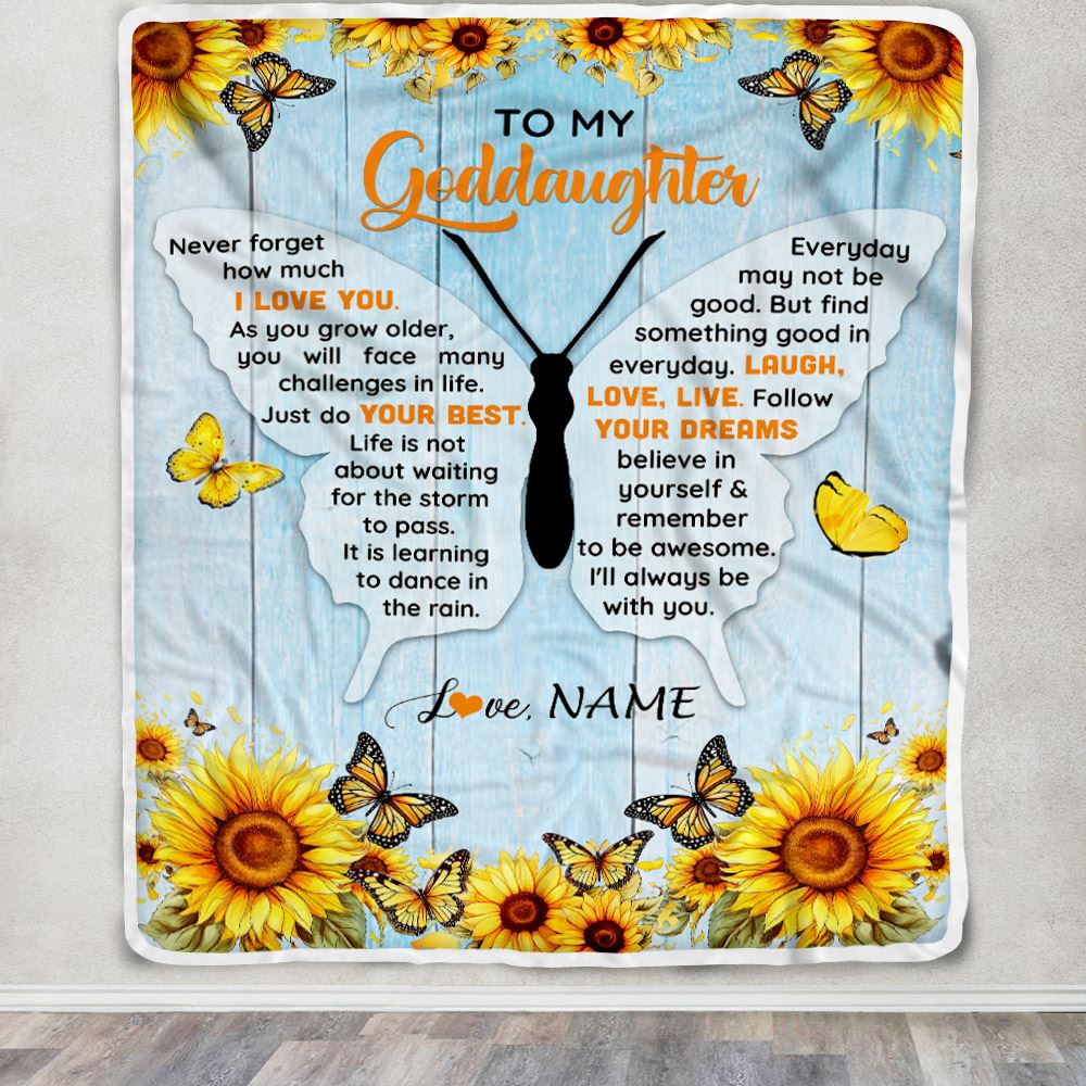 Personalized To My Goddaughter Blanket From Godmother Wood I Love You Butterfly Birthday Gifts Goddaughter Graduation Christmas Customized Fleece Blanket | siriusteestore
