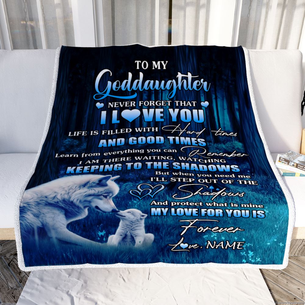 Personalized To My Goddaughter Blanket Wolf Never Forget That I Love You Moon Dark Forest Goddaughter Birthday Gifts Christmas Customized Fleece Blanket | siriusteestore