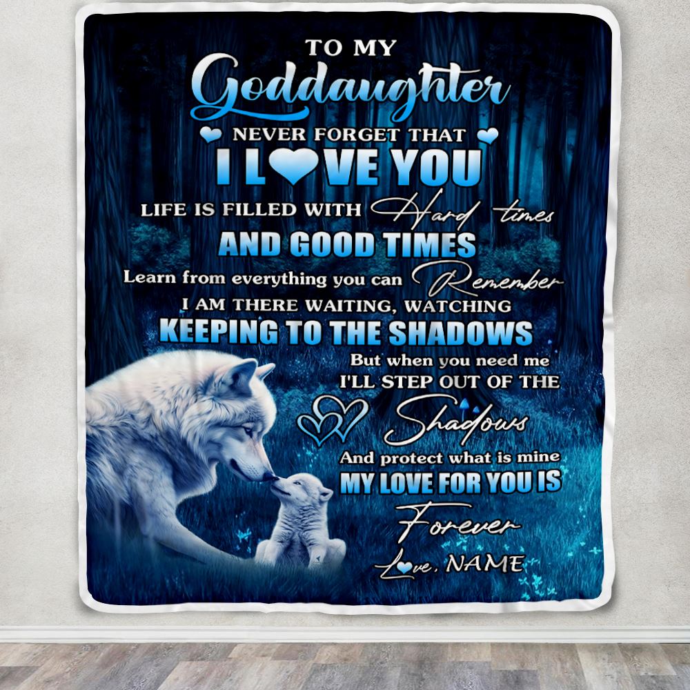 Personalized To My Goddaughter Blanket Wolf Never Forget That I Love You Moon Dark Forest Goddaughter Birthday Gifts Christmas Customized Fleece Blanket | siriusteestore